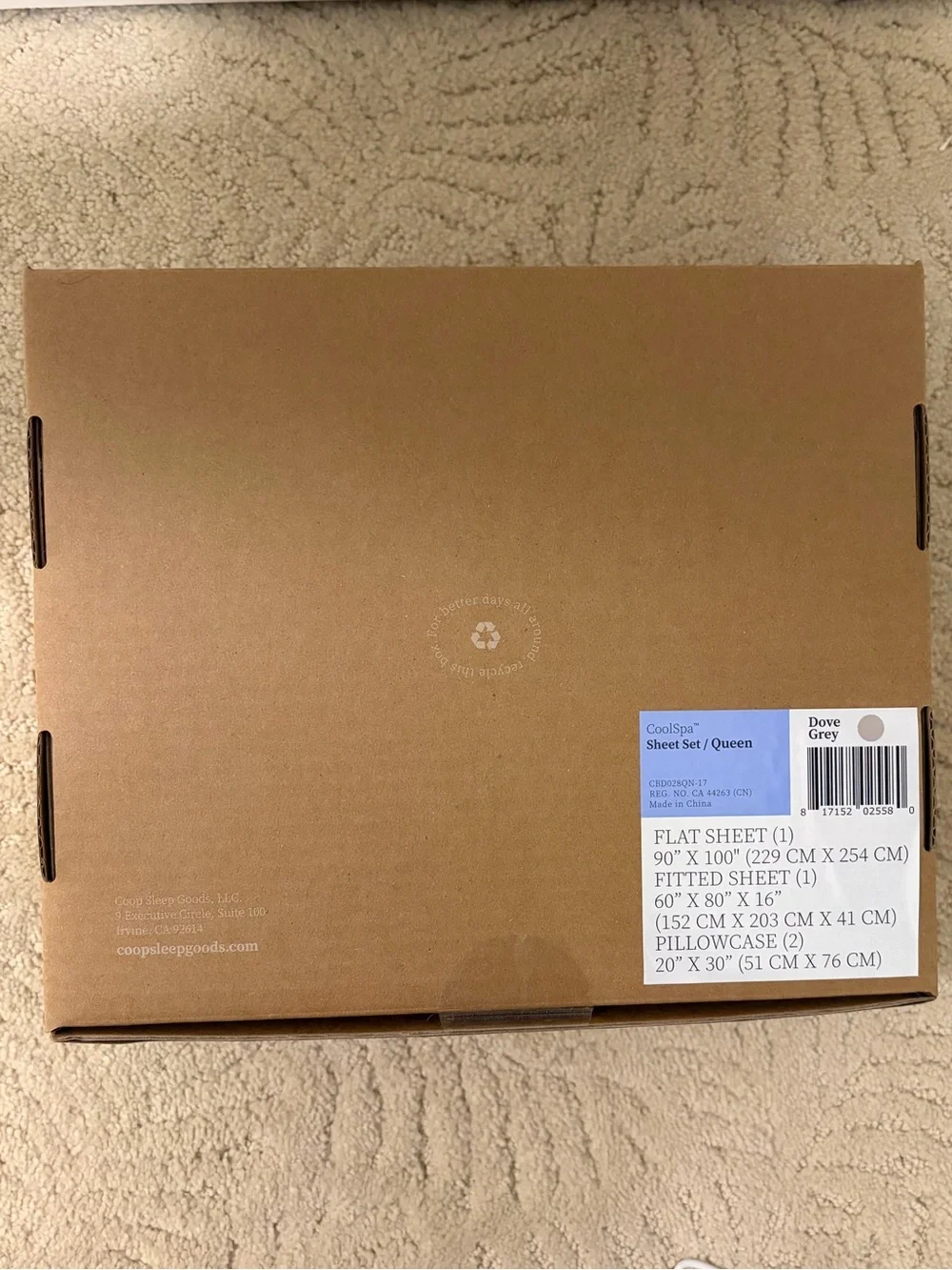 NWT: Comphy by Coop CoolSpa Queen Sheet Set Dove Grey